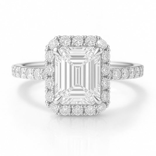 1 Carat Lab-Grown Emerald-Cut Diamond Halo Engagement Ring - 18k White Gold