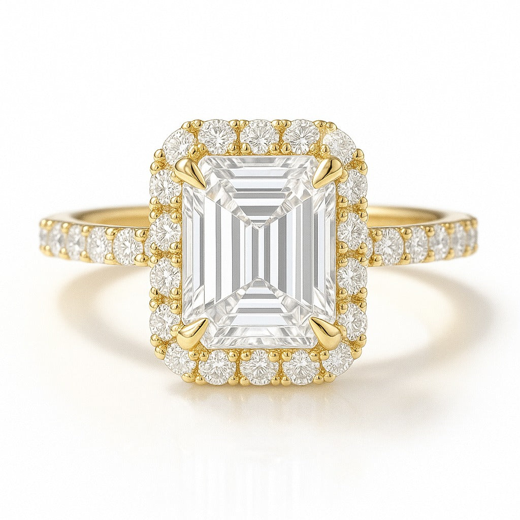 1 Carat Lab-Grown Emerald-Cut Diamond Halo Engagement Ring - 18k White Gold