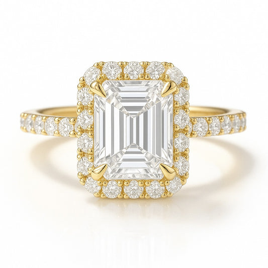 1 Carat Lab-Grown Emerald-Cut Diamond Halo Engagement Ring - 18k White Gold