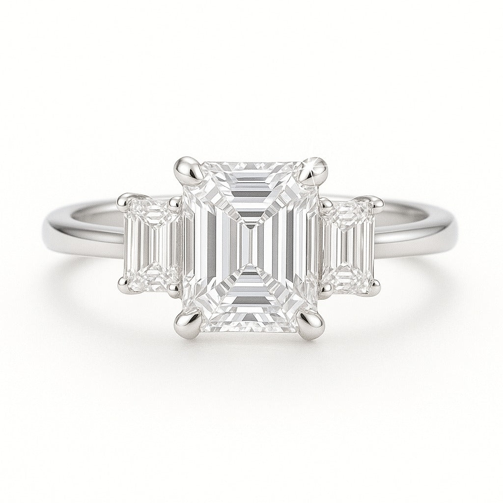 1 Carat Lab-Grown Emerald-Cut Trilogy Engagement Ring - 18k White Gold