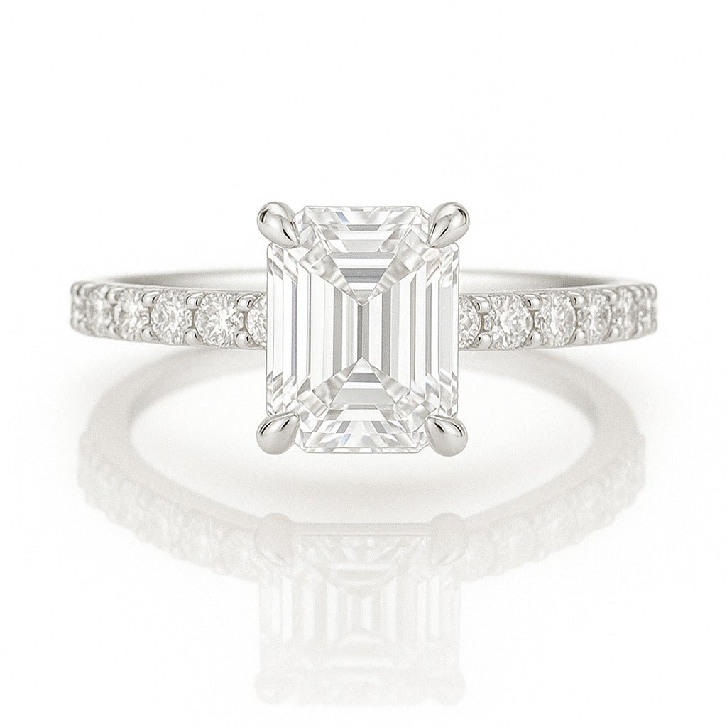 1 Carat Lab-Grown Emerald Cut Diamond Band Engagement Ring - 18k White Gold