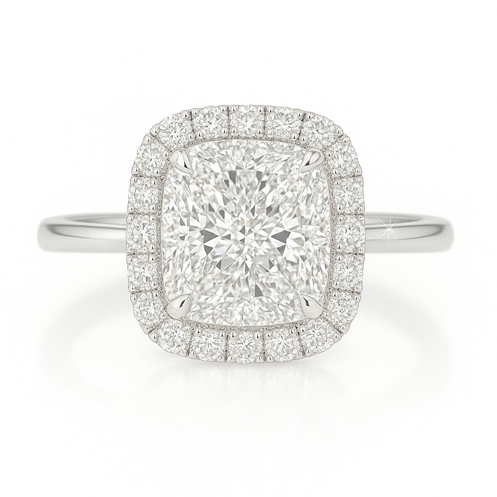1 Carat Lab-Grown Halo Engagement Ring 18k White Gold – Radiant Cut Diamond
