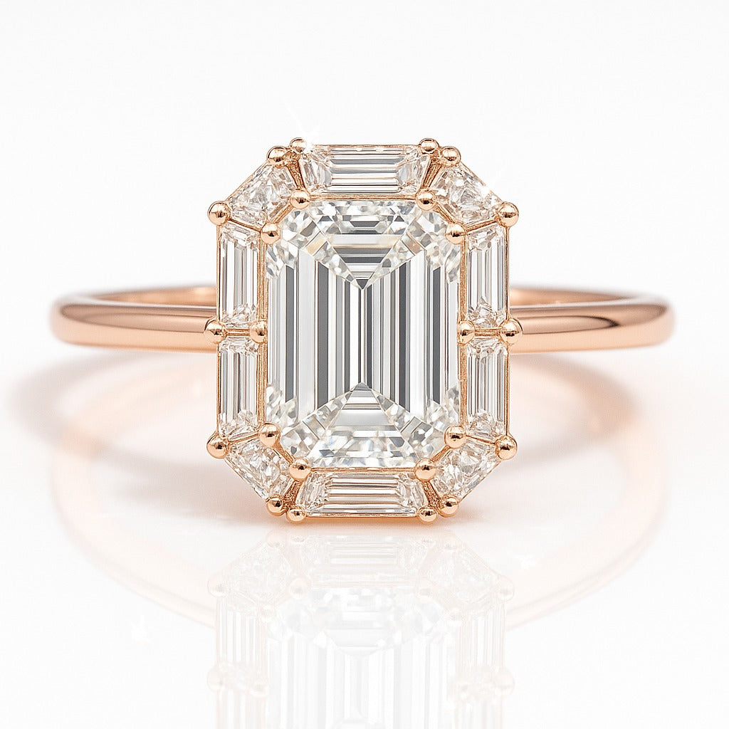 1 Carat Lab-Grown Halo Engagement Ring in 18k White Gold – Emerald Cut Diamond