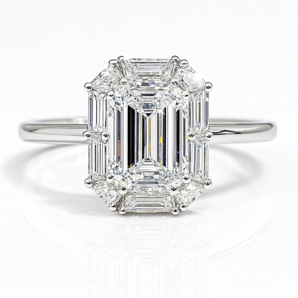 1 Carat Lab-Grown Halo Engagement Ring in 18k White Gold – Emerald Cut Diamond