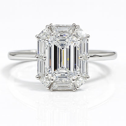 1 Carat Lab-Grown Halo Engagement Ring in 18k White Gold – Emerald Cut Diamond