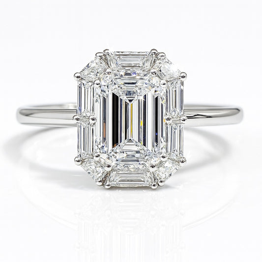 1 Carat Lab-Grown Halo Engagement Ring in 18k White Gold – Emerald Cut Diamond