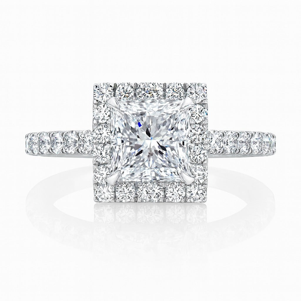 1 Carat Lab-Grown Halo Engagement Ring in 18k White Gold – Princess Cut Diamond