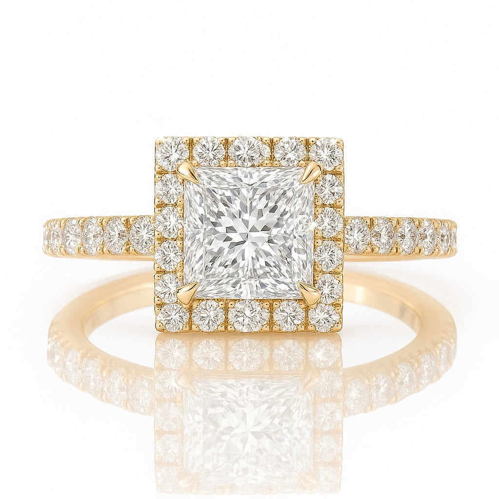 1 Carat Lab-Grown Halo Engagement Ring in 18k White Gold – Princess Cut Diamond