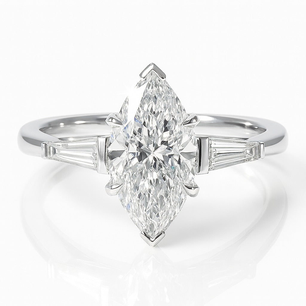 1 Carat Lab-Grown Marquise Diamond Trilogy Engagement Ring - 18k White Gold