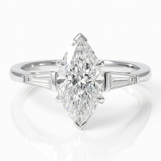 1 Carat Lab-Grown Marquise Diamond Trilogy Engagement Ring - 18k White Gold
