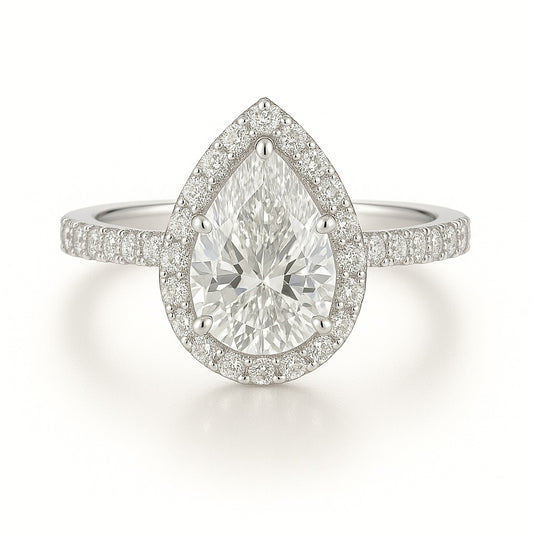 1 Carat Lab-Grown Pear Diamond Halo Engagement Ring 18k White Gold