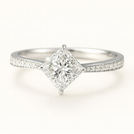 1 Carat Lab-Grown Princess Diamond Band Engagement Ring - 18K White Gold