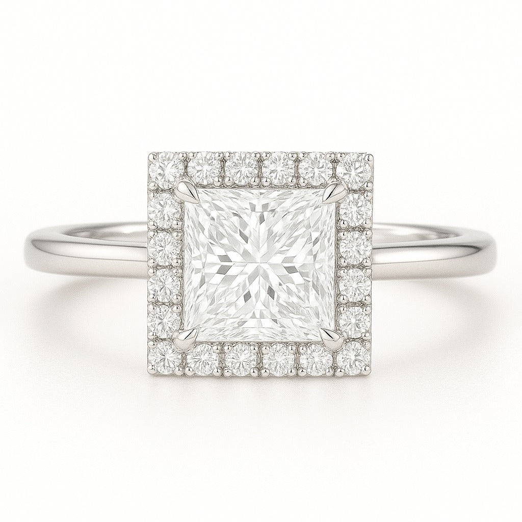 1 Carat Lab-Grown Princess Halo Engagement Ring - 18k White Gold