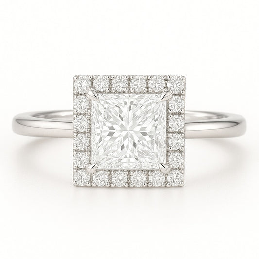 1 Carat Lab-Grown Princess Halo Engagement Ring - 18k White Gold