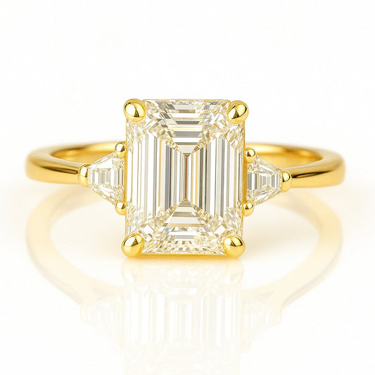 1 Carat Lab-Grown Trilogy Engagement Ring 18k Yellow Gold – Emerald Cut Diamond