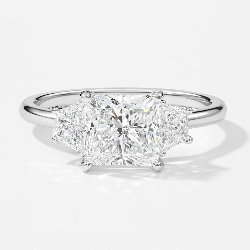 1 Carat Lab-Grown Trilogy Engagement Ring in 18k White Gold – Princess Cut Diamond