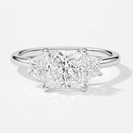 1 Carat Lab-Grown Trilogy Engagement Ring in 18k White Gold – Princess Cut Diamond