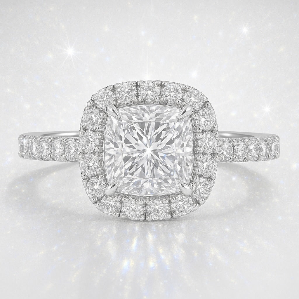 1 Carat Princess Cut Lab-Grown Diamond Halo Engagement Ring - 18K White Gold