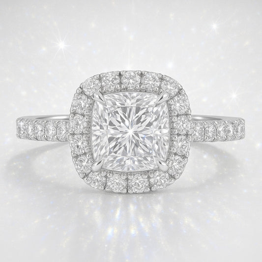 1 Carat Princess Cut Lab-Grown Diamond Halo Engagement Ring - 18K White Gold