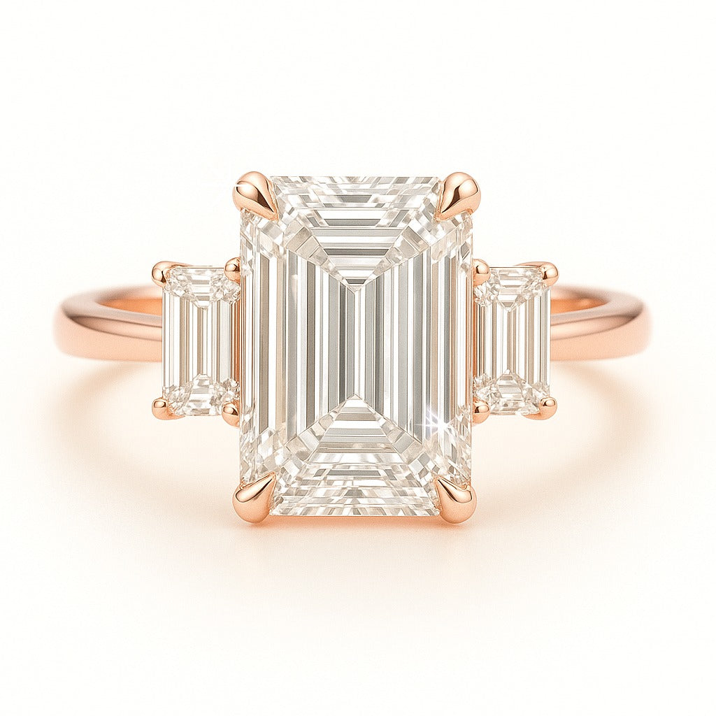2.5 Carat Lab-Grown Emerald-Cut Trilogy Engagement Ring - 18k Yellow Gold