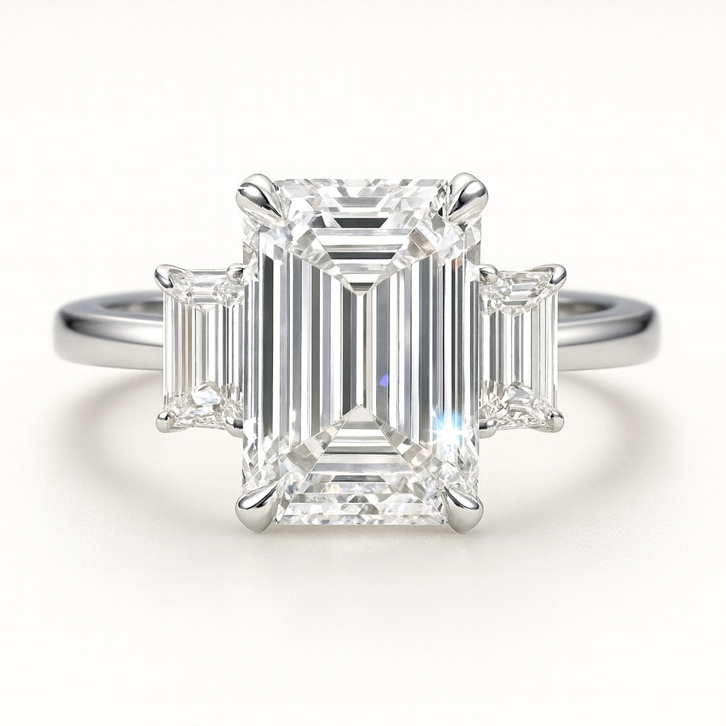2.5 Carat Lab-Grown Emerald-Cut Trilogy Engagement Ring - 18k Yellow Gold