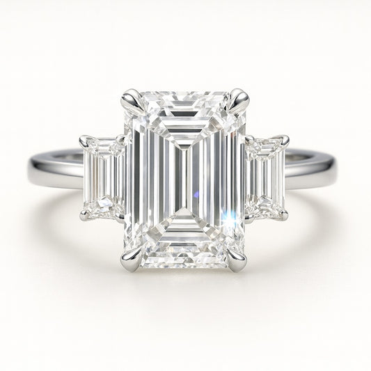 2.5 Carat Lab-Grown Emerald-Cut Trilogy Engagement Ring - 18k Yellow Gold