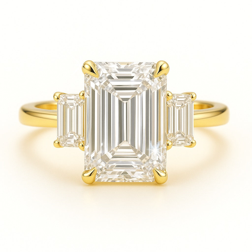 2.5 Carat Lab-Grown Emerald-Cut Trilogy Engagement Ring - 18k Yellow Gold