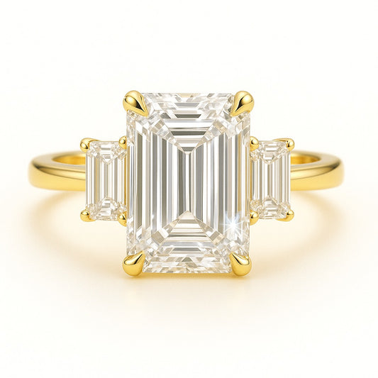 2.5 Carat Lab-Grown Emerald-Cut Trilogy Engagement Ring - 18k Yellow Gold