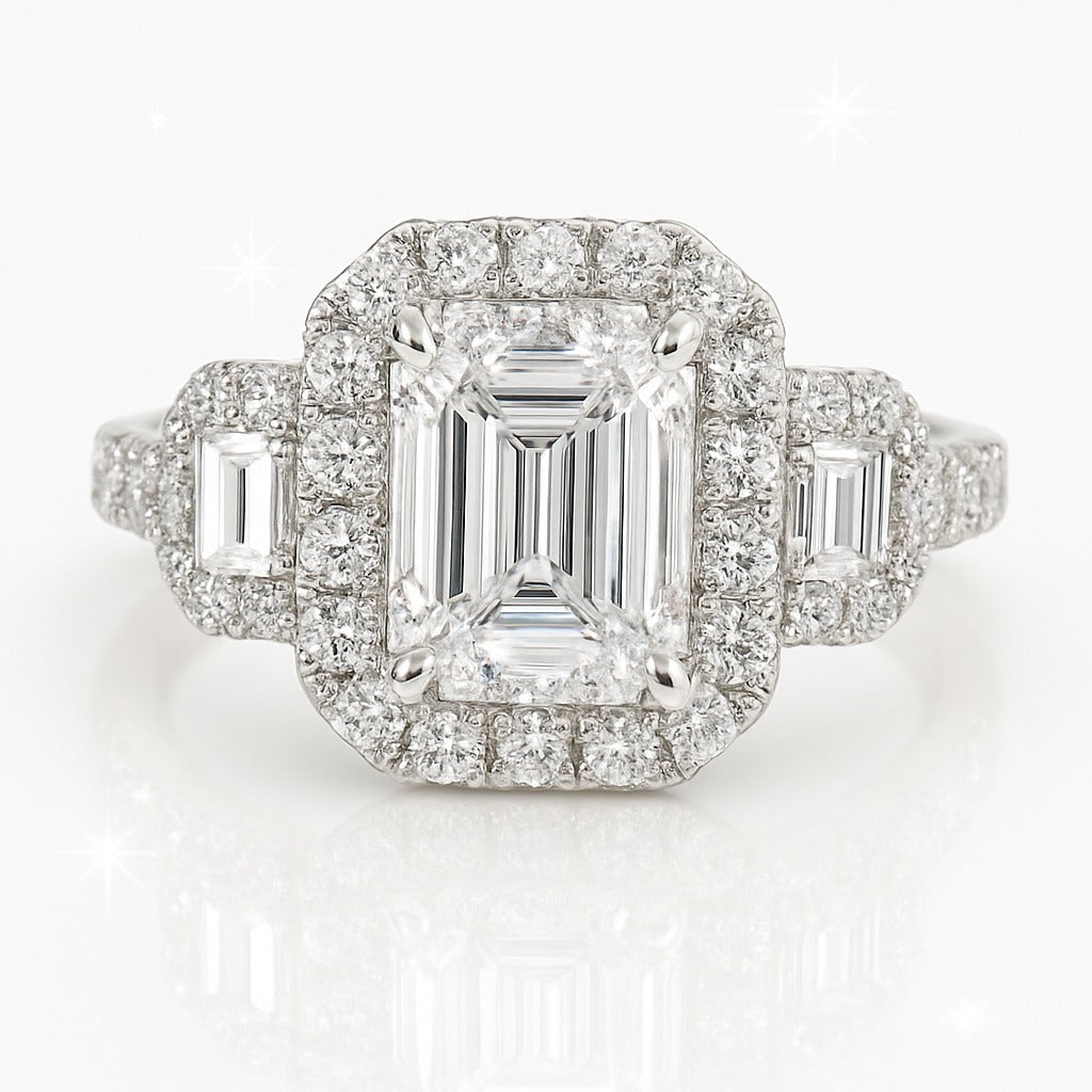 2.5 Carat Lab-Grown Emerald Halo Engagement Ring - 18k White Gold