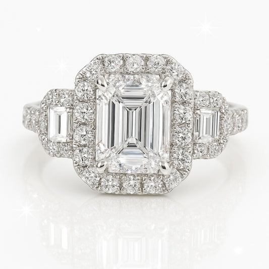 2.5 Carat Lab-Grown Emerald Halo Engagement Ring - 18k White Gold