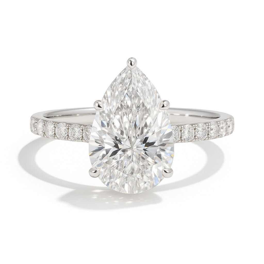 2.5 Carat Lab-Grown Pear Diamond Engagement Ring with Diamond Band – 18k White Gold