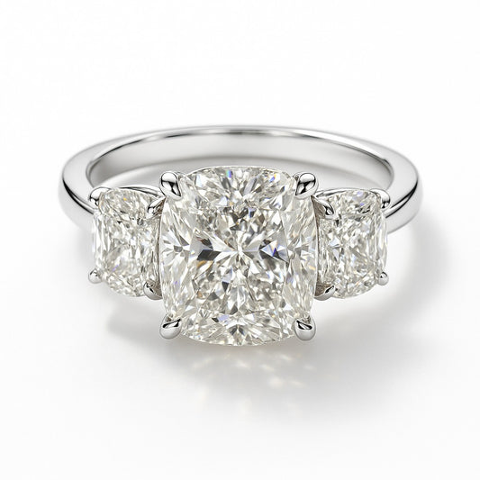 2.5 Carat Lab-Grown Trilogy Engagement Ring – Cushion-Cut Diamond 18k White Gold