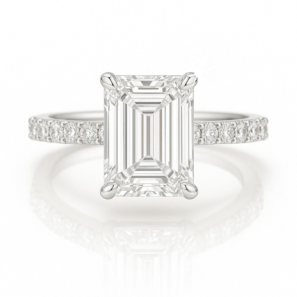 2 Carat Lab-Grown Emerald Diamond Engagement Ring with Diamond Band – 18k White Gold