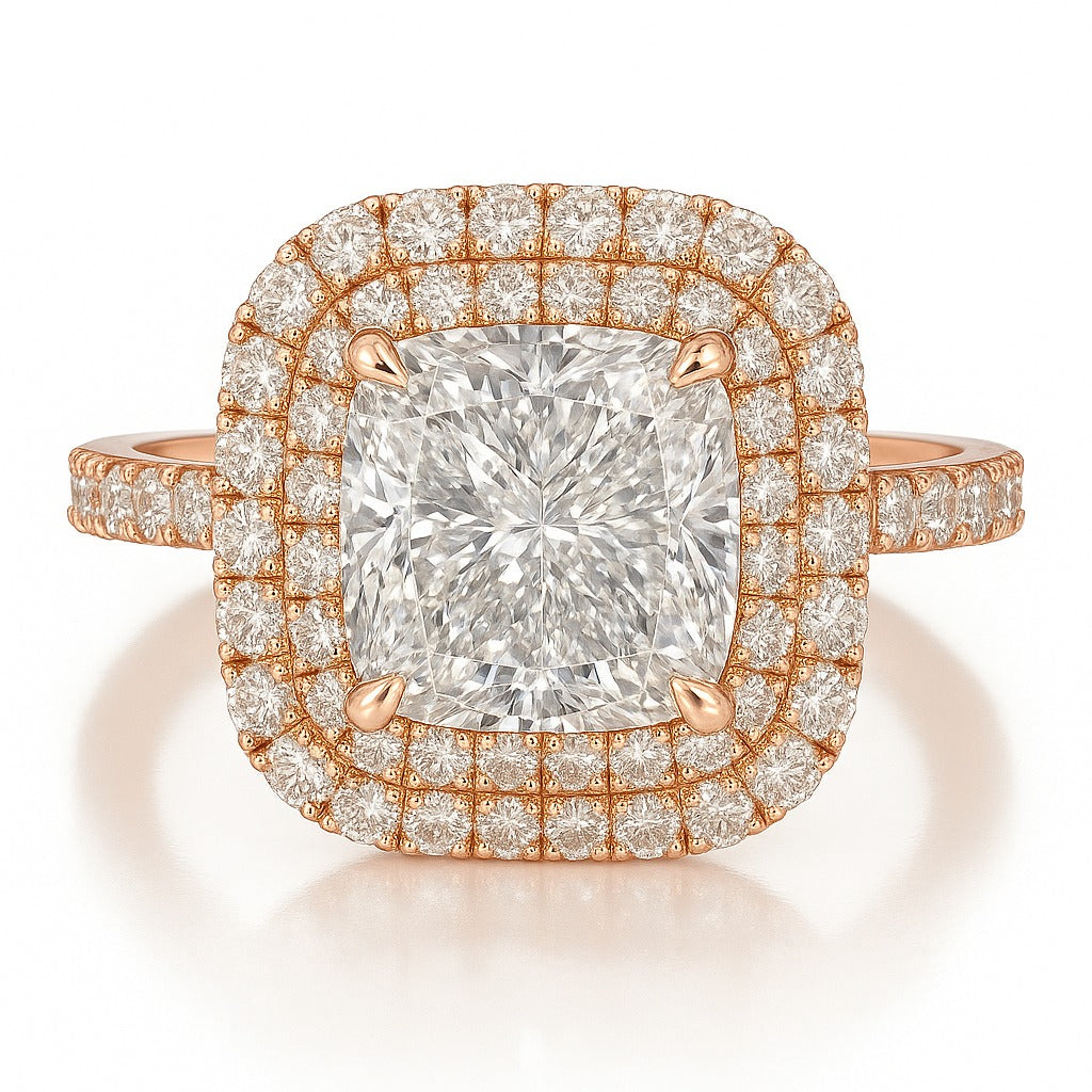 3 Carat Cushion Lab-Grown Diamond Halo Engagement Ring - 18k Yellow Gold