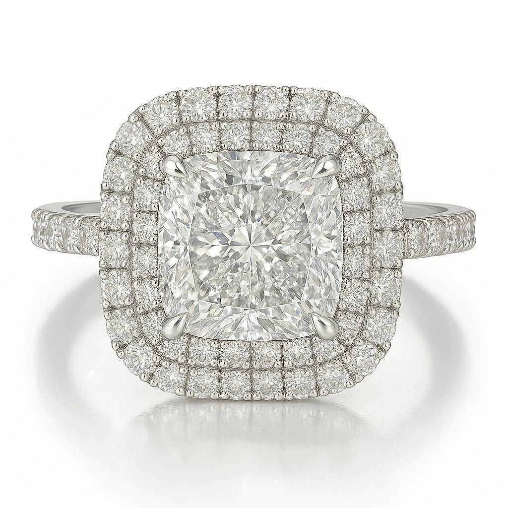 3 Carat Cushion Lab-Grown Diamond Halo Engagement Ring - 18k Yellow Gold