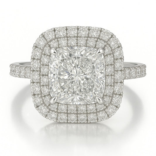 3 Carat Cushion Lab-Grown Diamond Halo Engagement Ring - 18k Yellow Gold