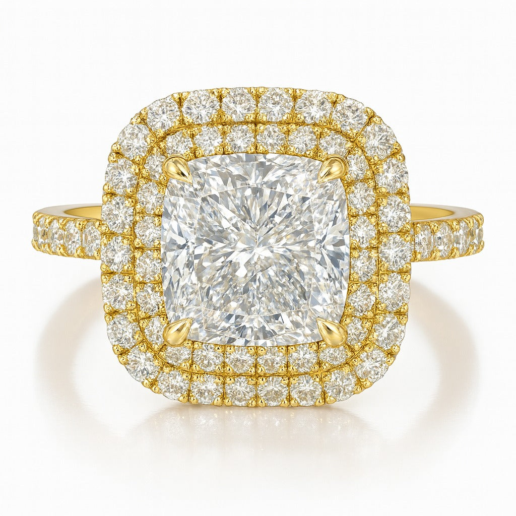 3 Carat Cushion Lab-Grown Diamond Halo Engagement Ring - 18k Yellow Gold