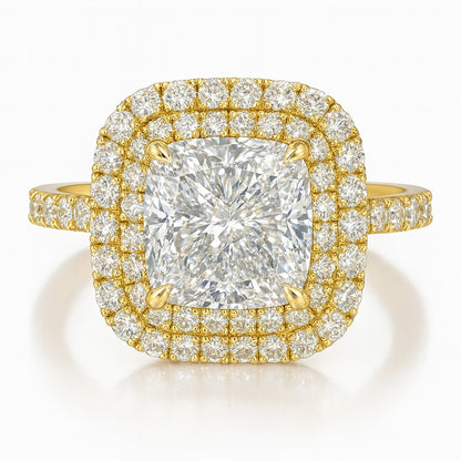 3 Carat Cushion Lab-Grown Diamond Halo Engagement Ring - 18k Yellow Gold