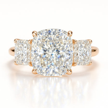 3 Carat Cushion Lab-Grown Diamond Trilogy Engagement Ring - 18k Yellow Gold
