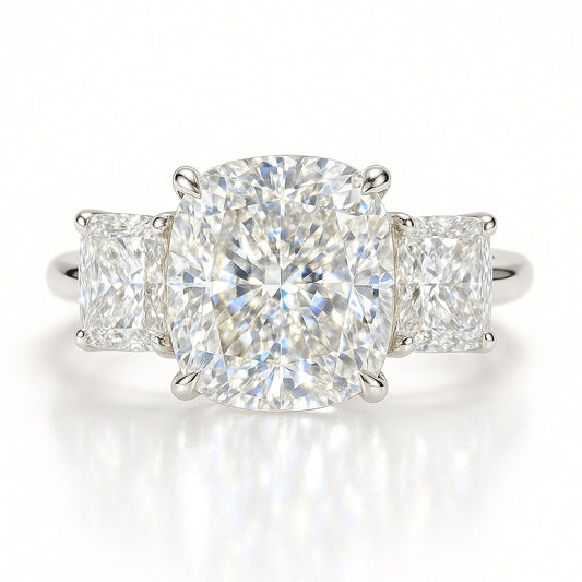 3 Carat Cushion Lab-Grown Diamond Trilogy Engagement Ring - 18k Yellow Gold