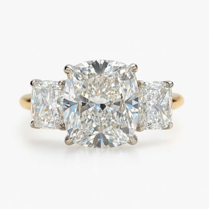 3 Carat Cushion Lab-Grown Diamond Trilogy Engagement Ring - 18k Yellow Gold