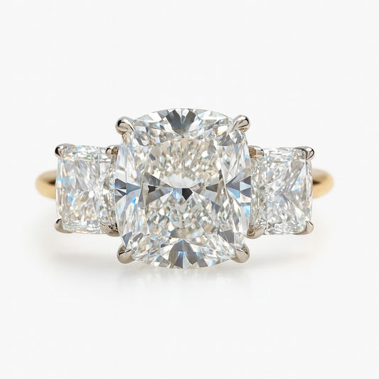 3 Carat Cushion Lab-Grown Diamond Trilogy Engagement Ring - 18k Yellow Gold