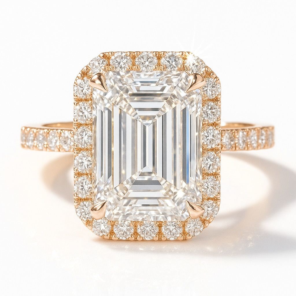 3 Carat Lab-Grown Emerald Cut Halo Engagement Ring - 18K White Gold