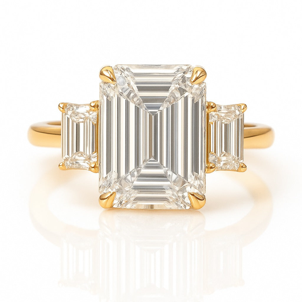 3 Carat Lab-Grown Emerald Diamond Trilogy Engagement Ring - 18k Yellow Gold