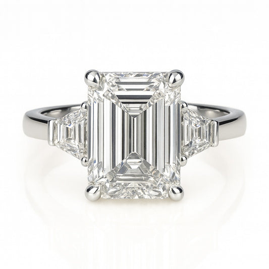 4 Carat Lab-Grown Trilogy Engagement Ring in 18k White Gold – Emerald Cut Diamond