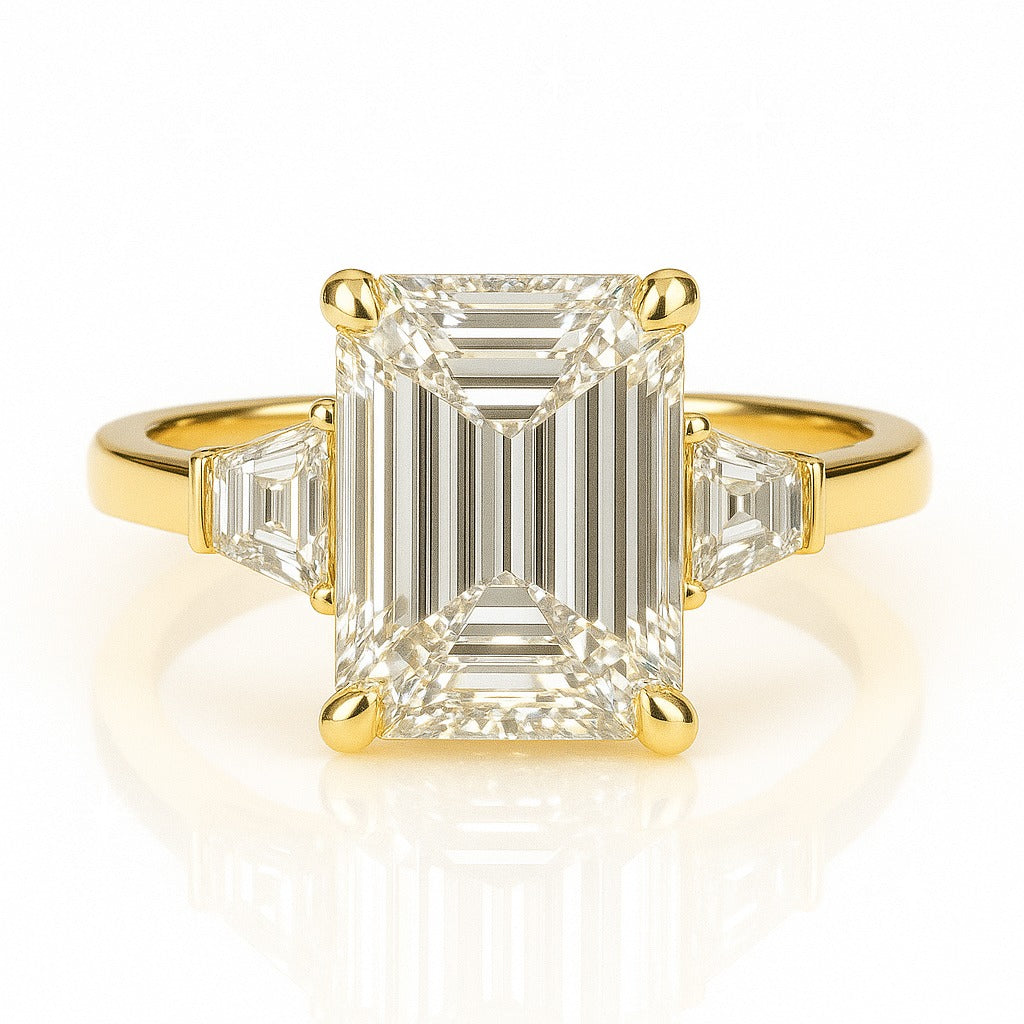 4 Carat Lab-Grown Trilogy Engagement Ring in 18k White Gold – Emerald Cut Diamond