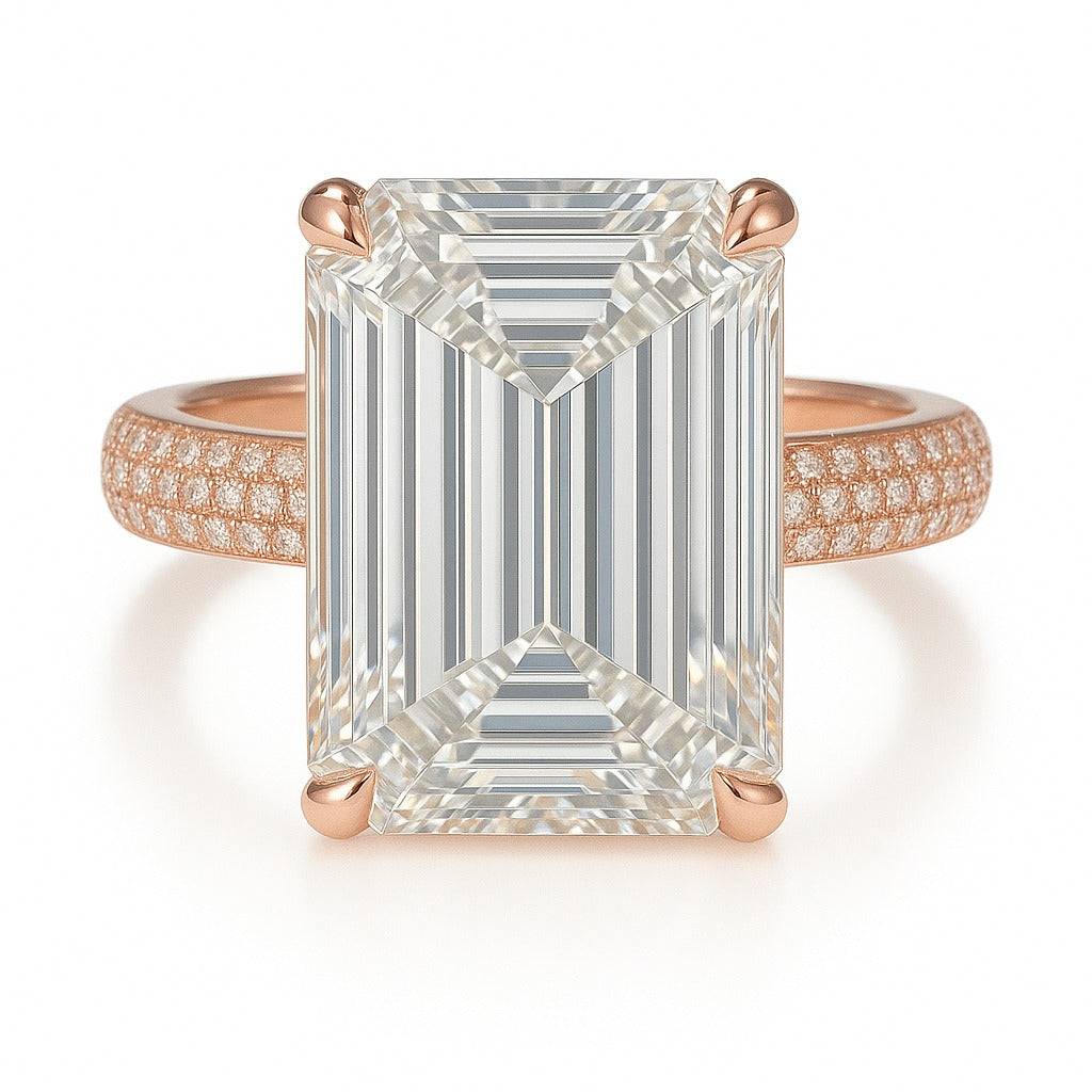 8 Carat Lab-Grown Emerald Cut Diamond Band Engagement Ring - 18k White Gold