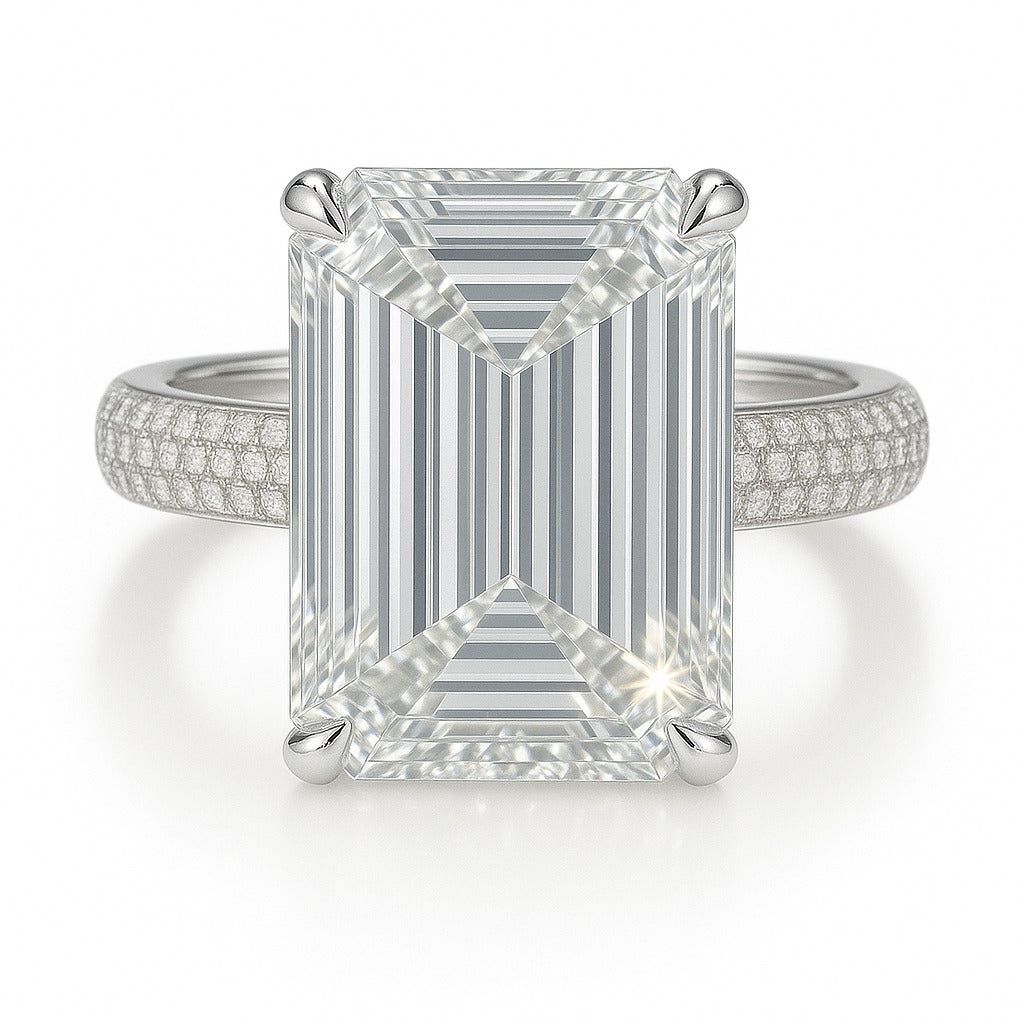 8 Carat Lab-Grown Emerald Cut Diamond Band Engagement Ring - 18k White Gold