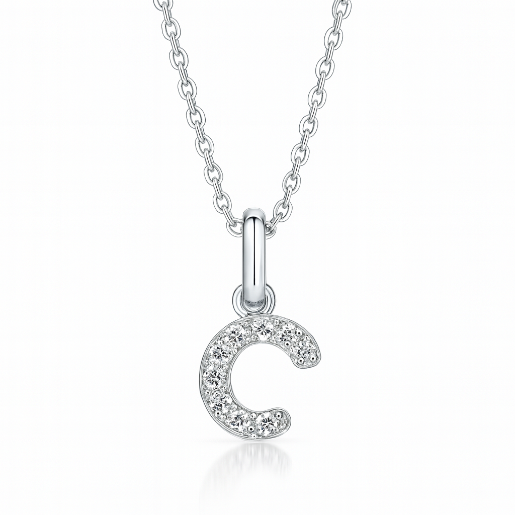 0.13ct -  C Letter Pendant - White Gold