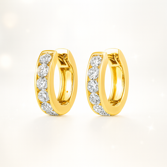 Channel Set Diamond Huggie Earrings - 18K Yellow Gold